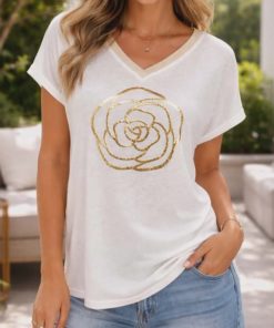 Tee-shirt beige fleur dorée