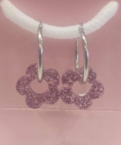 Boucle d oreille anneau argenté fleur résine rose