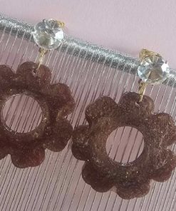 Boucle d'oreille fleur brun pailettes