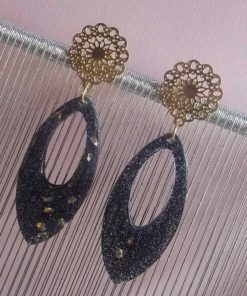 Boucle d'oreille goutte noir cristaux doré