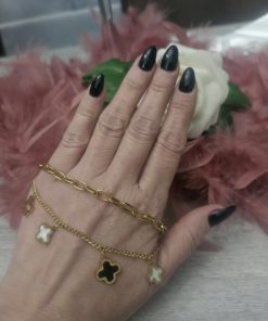 Bracelet double chaine fleur  noir et blanc doré