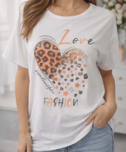 Tee shirt imprimé cœur léopard et étoiles orange